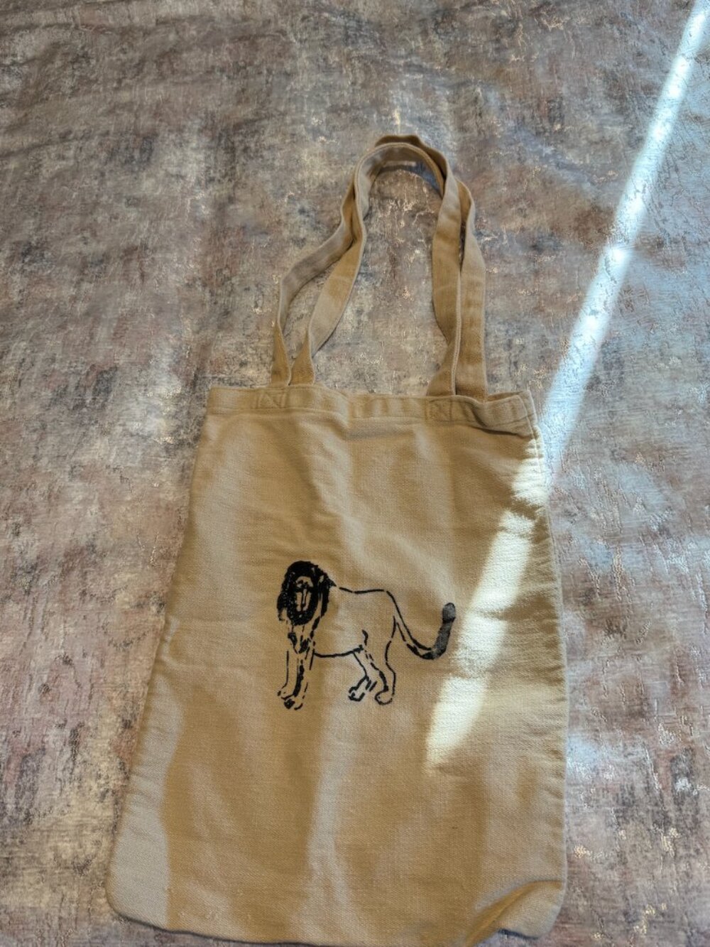 Indie Artist Canvas Tote Bag | Hand Stamped Lion Graphic | Tan Khaki | Aesthetic
